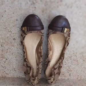 Coach Brown Signature Canvas Ballet Flats with Dark Brown Cap Toe